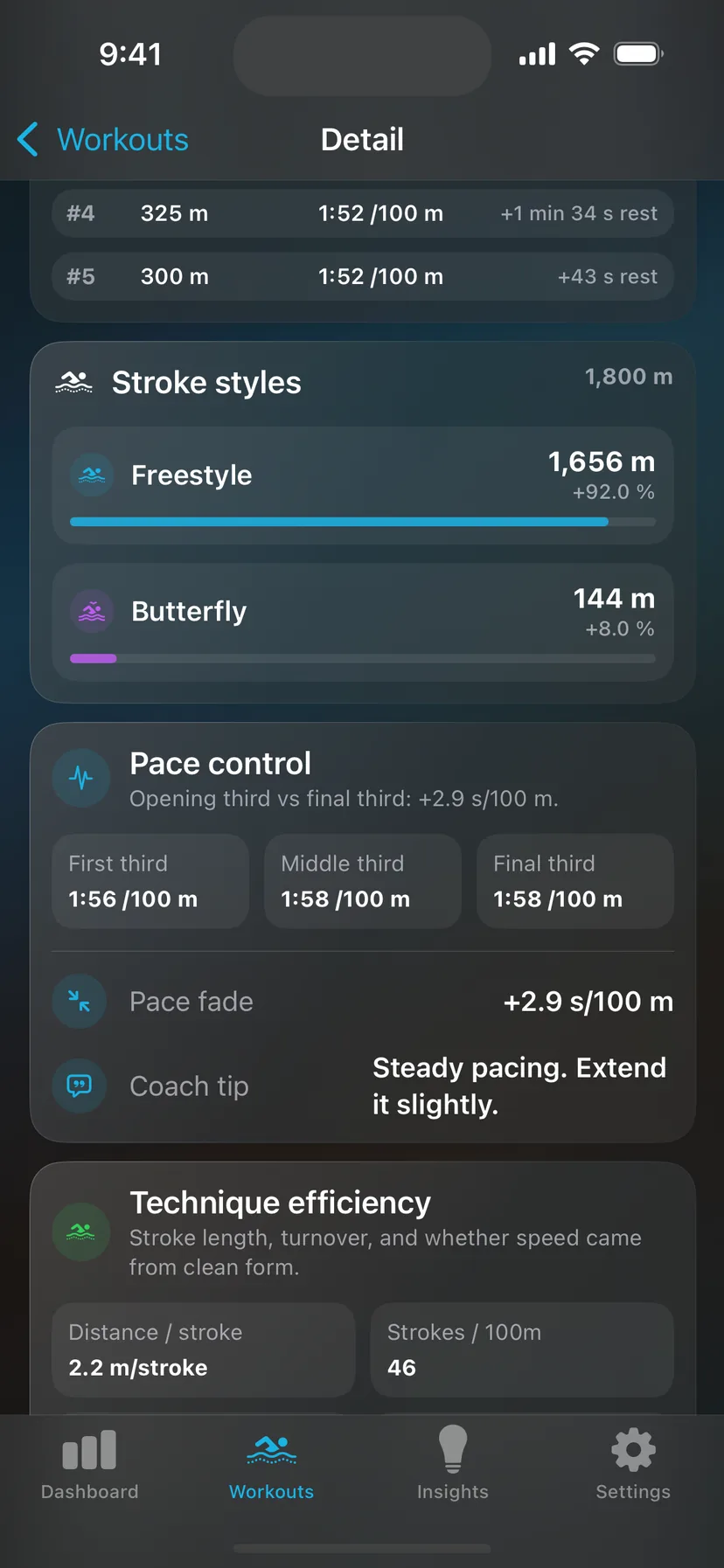 SwimGlass dark workout debrief