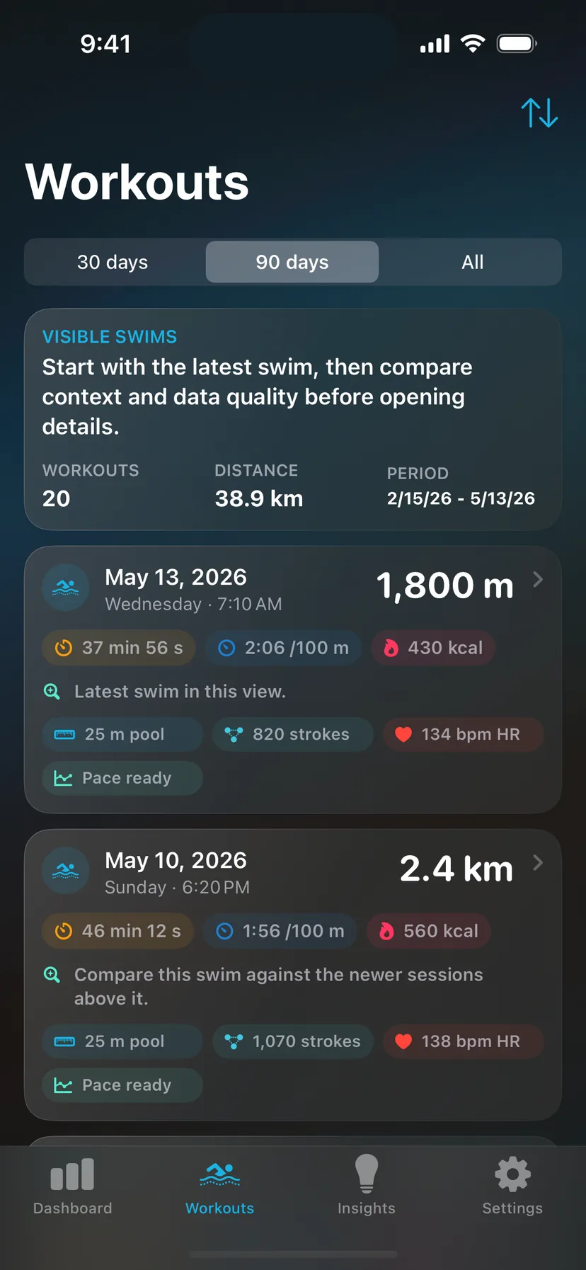 SwimGlass workouts in dark mode